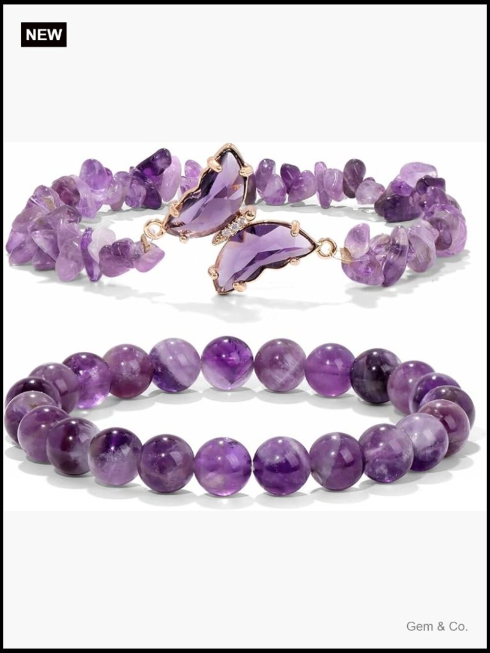Amethyst Beaded Bracelet Set with Butterfly Charm Healing Stone
